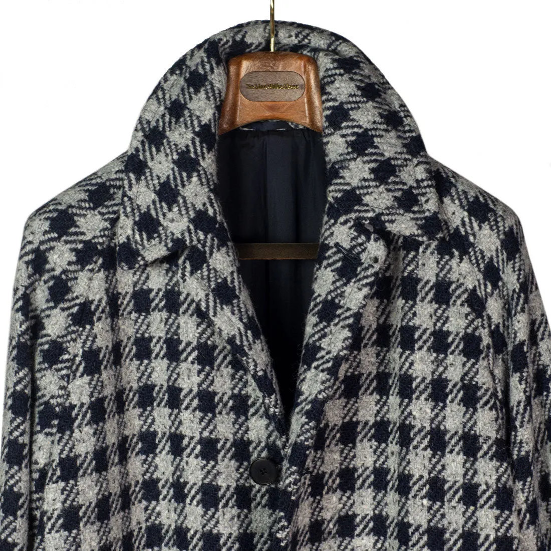 Balmacaan single breasted overcoat, grey & midnight checked wool