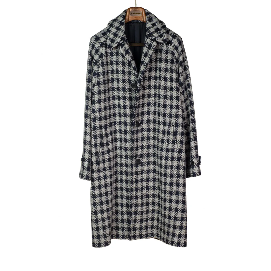 Balmacaan single breasted overcoat, grey & midnight checked wool