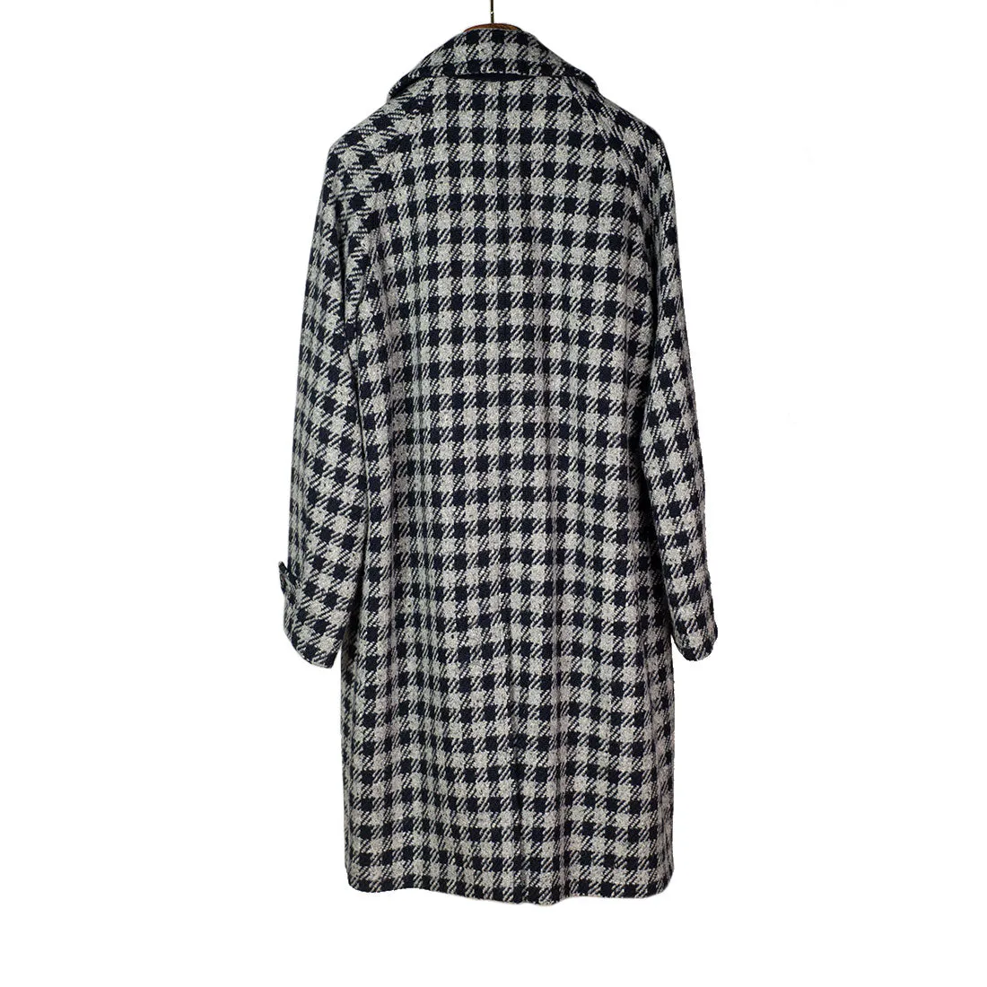 Balmacaan single breasted overcoat, grey & midnight checked wool