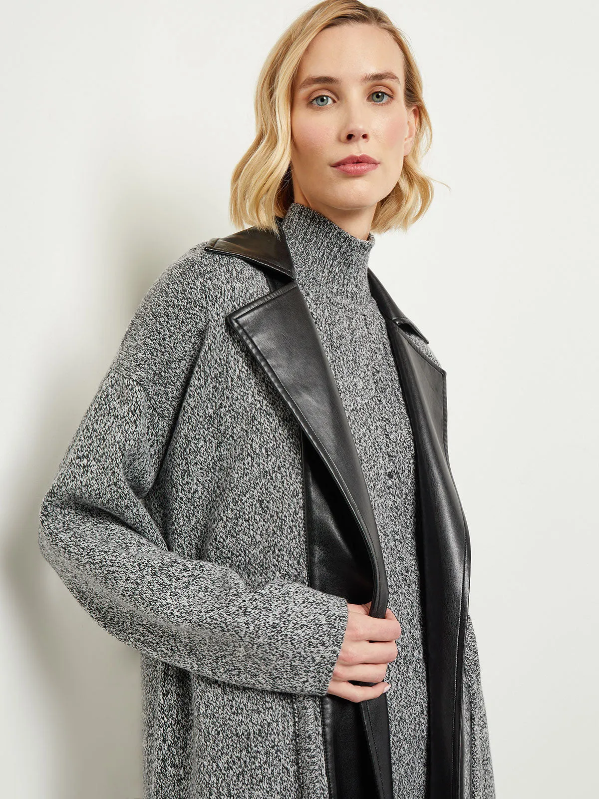 Belted Jacket - Vegan Leather Trim Cozy Knit