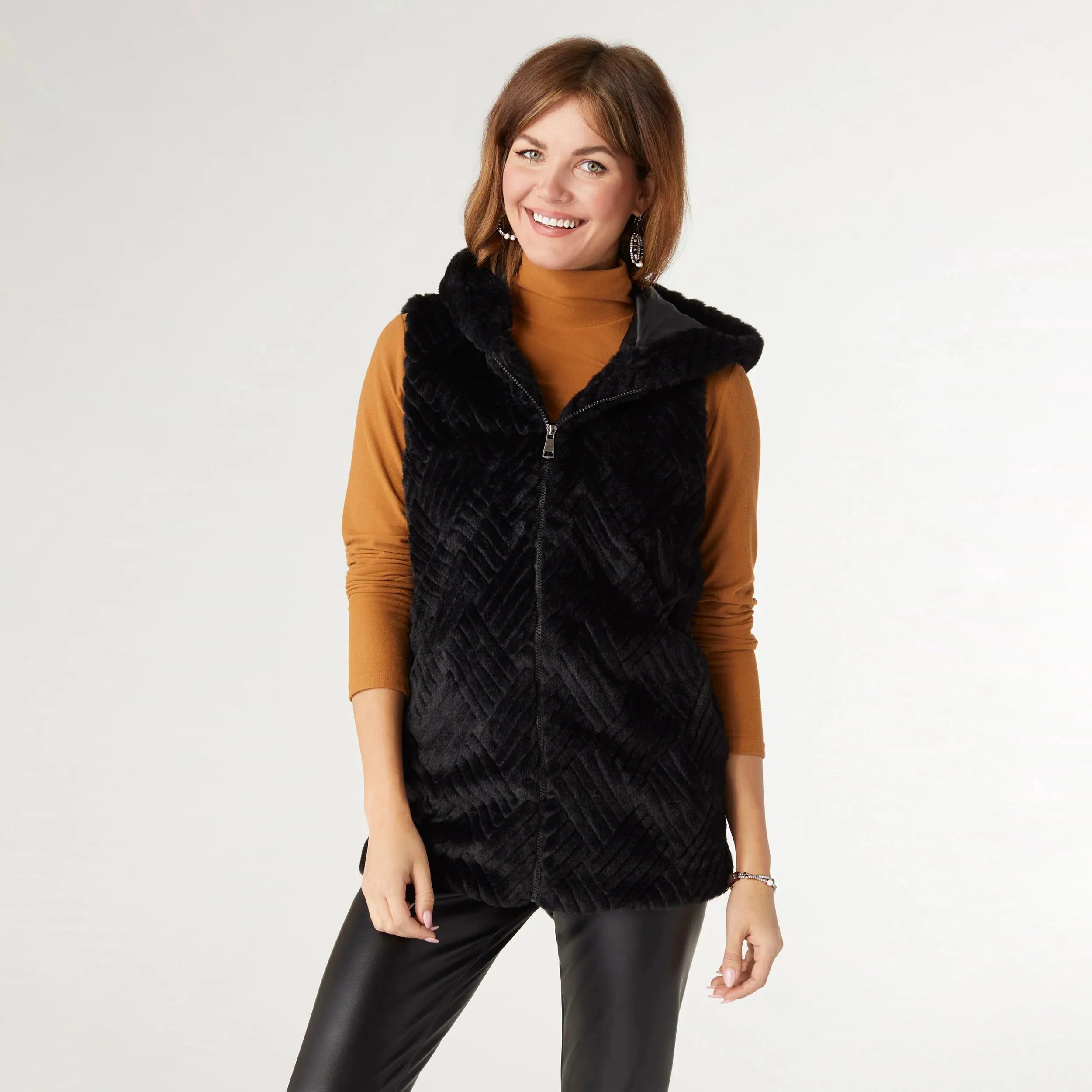 Black Faux Fur Hooded Vest