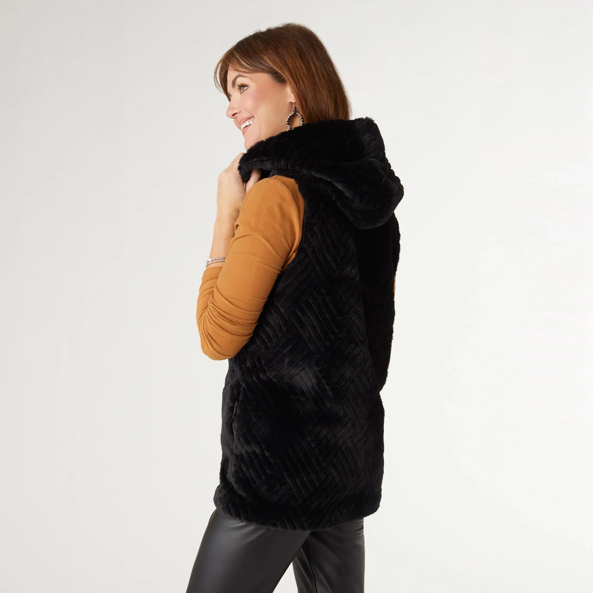 Black Faux Fur Hooded Vest