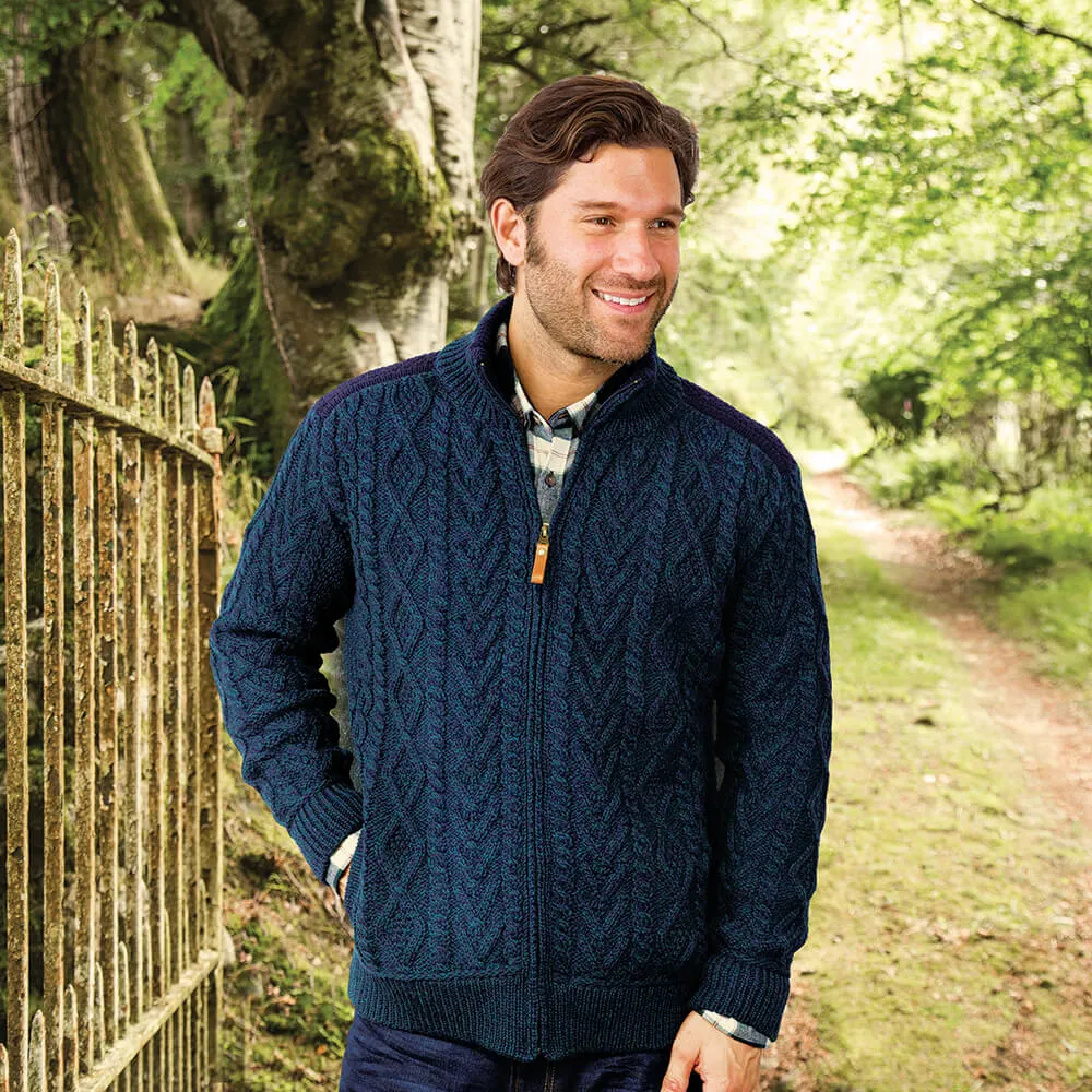 Blue Men's Aran Zipper Cardigan