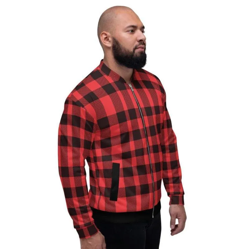 Bomber Jacket For Men, Red And Black Plaid Colorblock Pattern