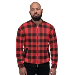 Bomber Jacket For Men, Red And Black Plaid Colorblock Pattern