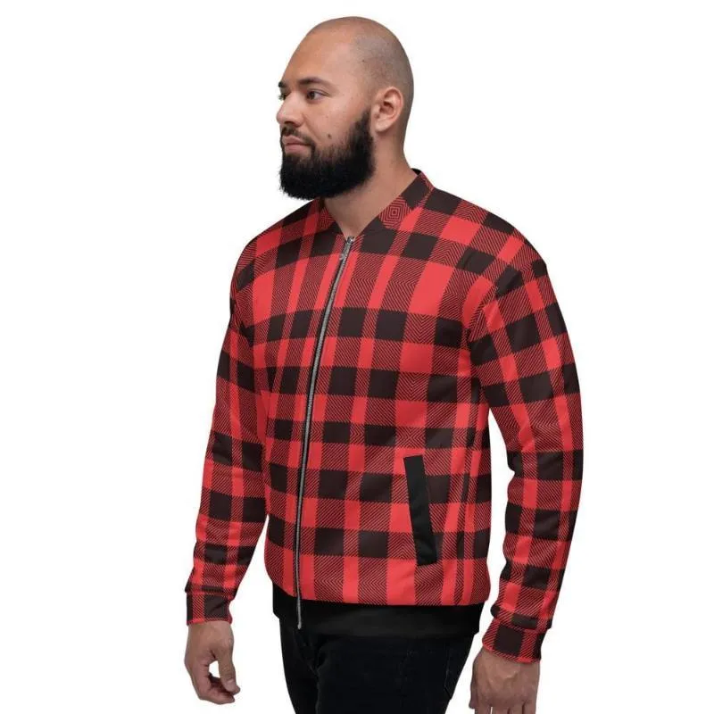 Bomber Jacket For Men, Red And Black Plaid Colorblock Pattern