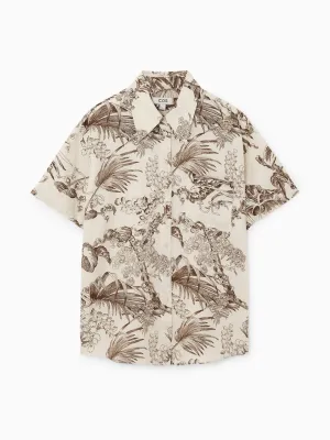 Botanical-print short-sleeved linen shirt