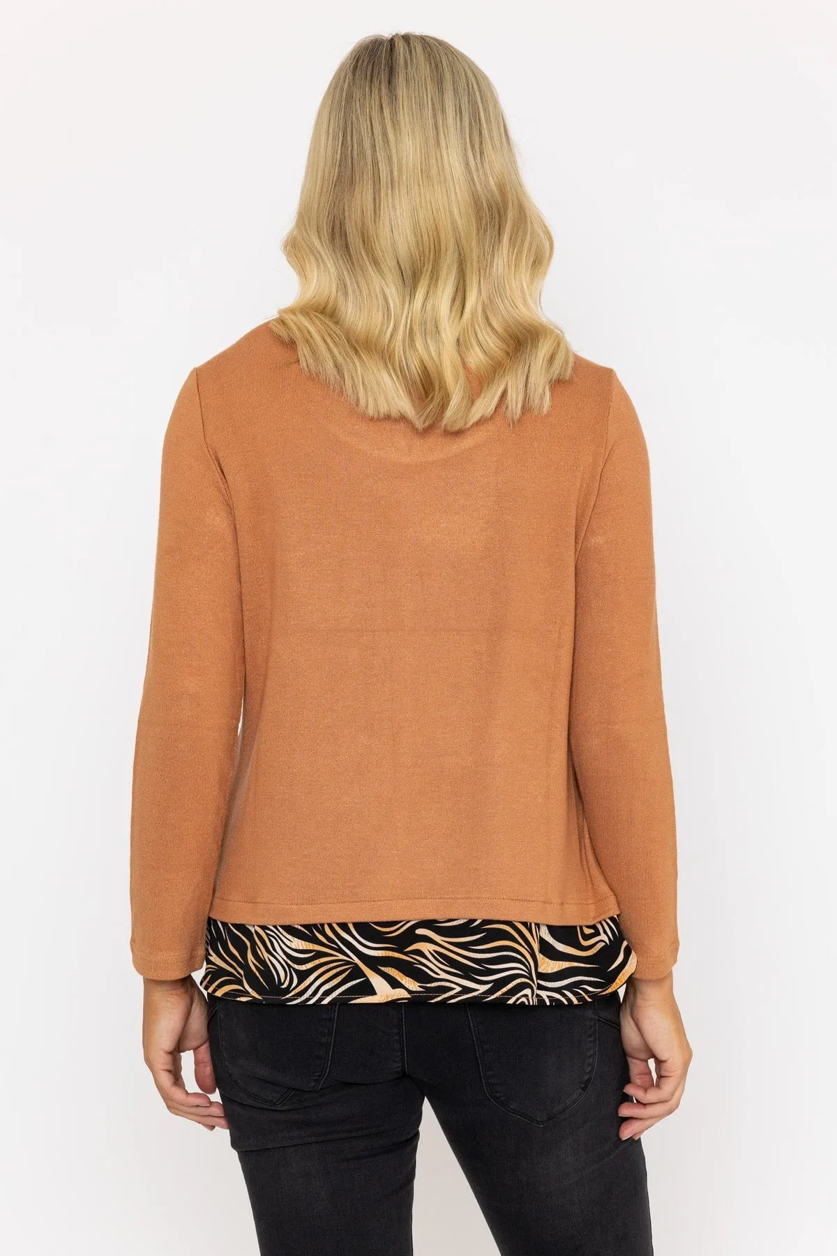 Camel Top With Print Collar & Hem