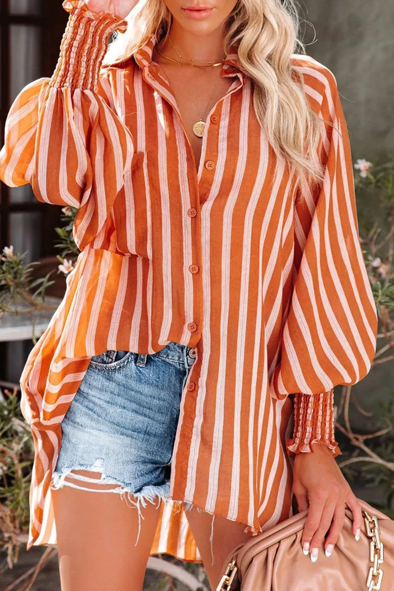 Casual Striped Patchwork Turndown Collar Blouses