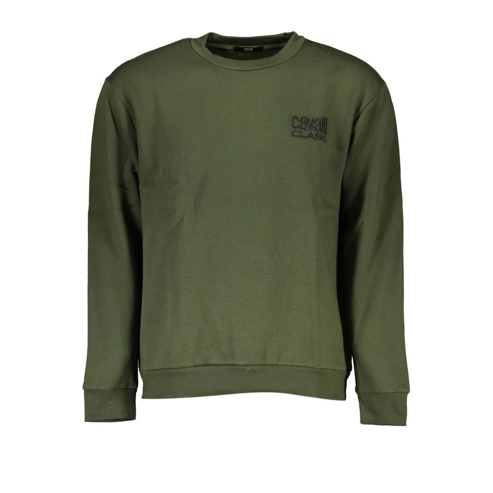 Cavalli Class Chic Green Embroidered Crew Neck Sweater