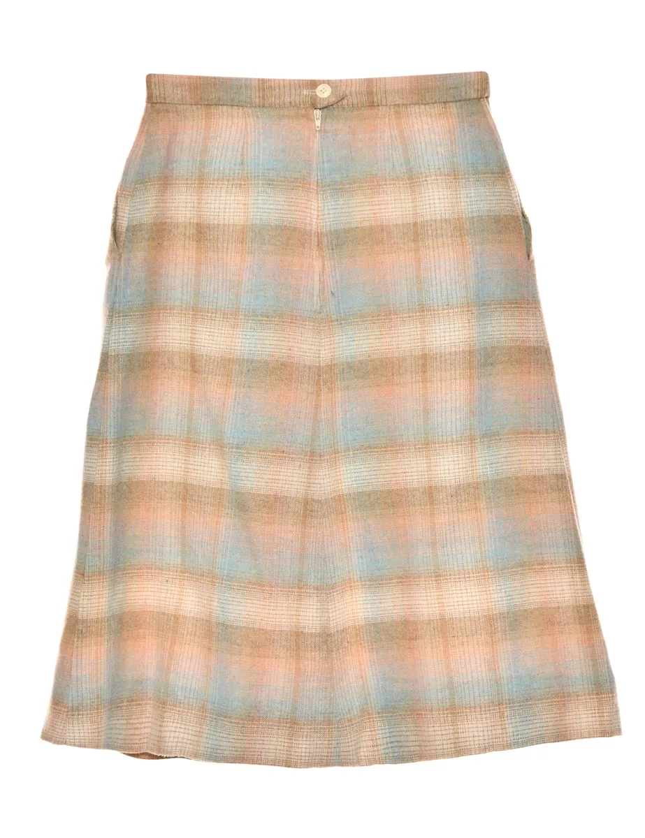 Checked Light Blue & Light Brown Midi Skirt - M