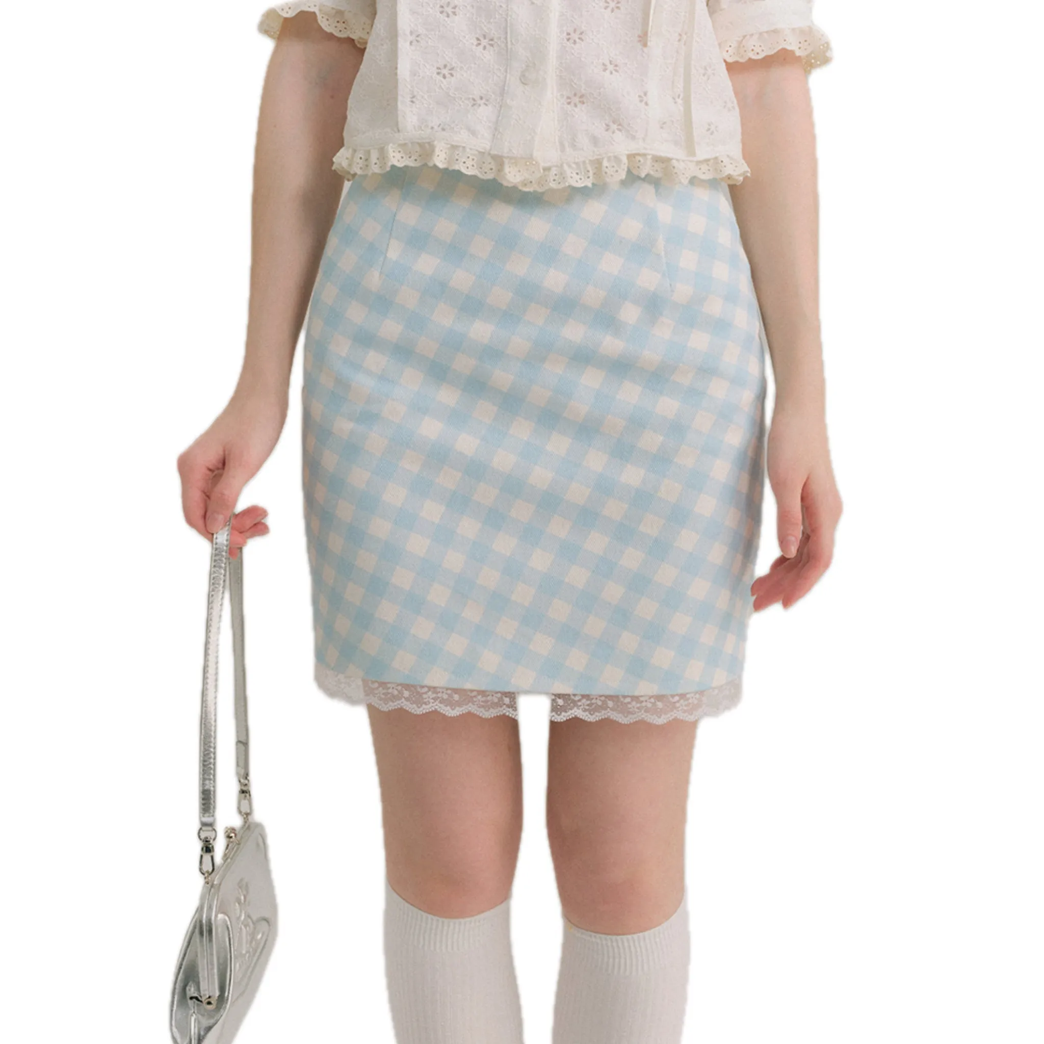 Checkered Mini Skirt In Light Blue