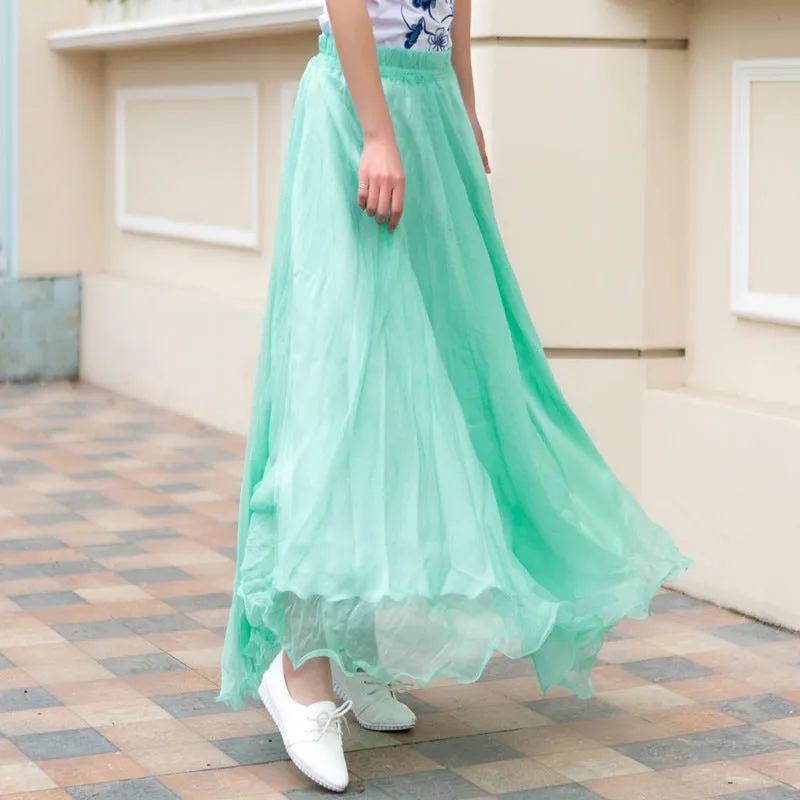 Chiffon Big Hem High Waist Pure Color Loose Long Beach Swing Skirt