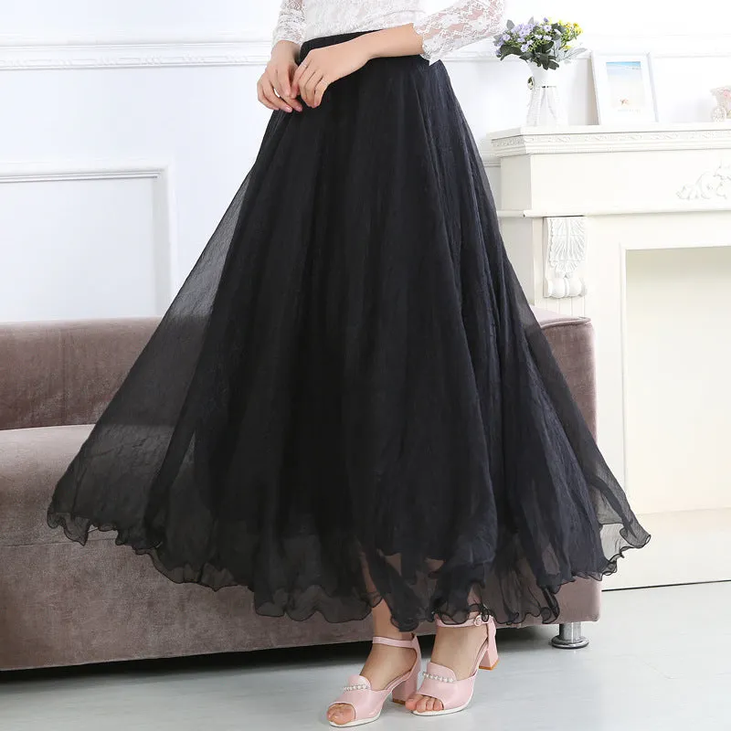 Chiffon Big Hem High Waist Pure Color Loose Long Beach Swing Skirt