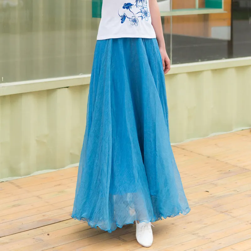 Chiffon Big Hem High Waist Pure Color Loose Long Beach Swing Skirt