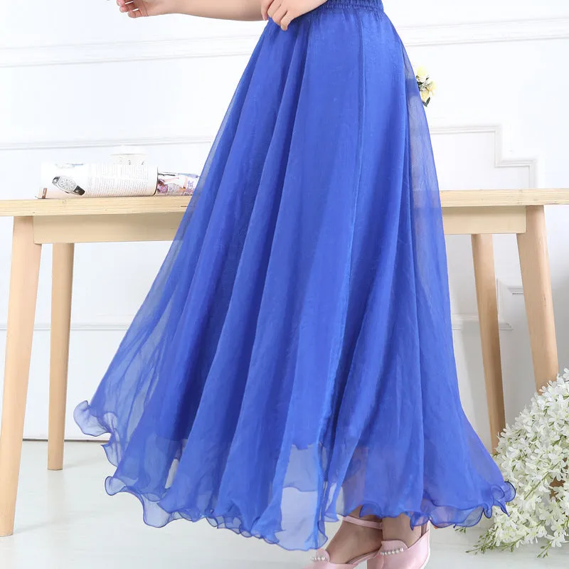 Chiffon Big Hem High Waist Pure Color Loose Long Beach Swing Skirt