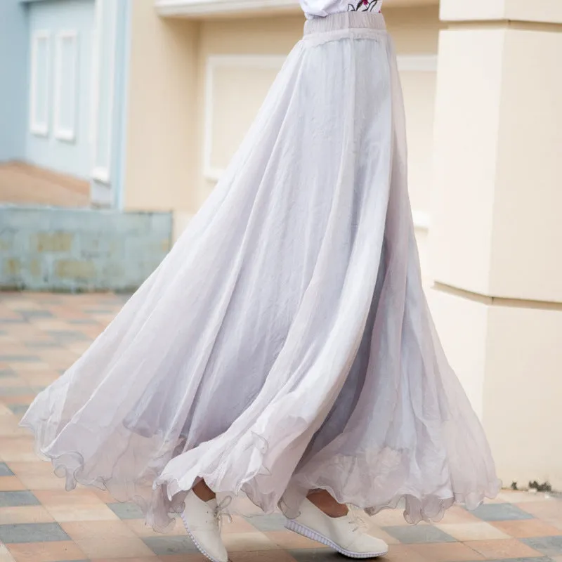 Chiffon Big Hem High Waist Pure Color Loose Long Beach Swing Skirt