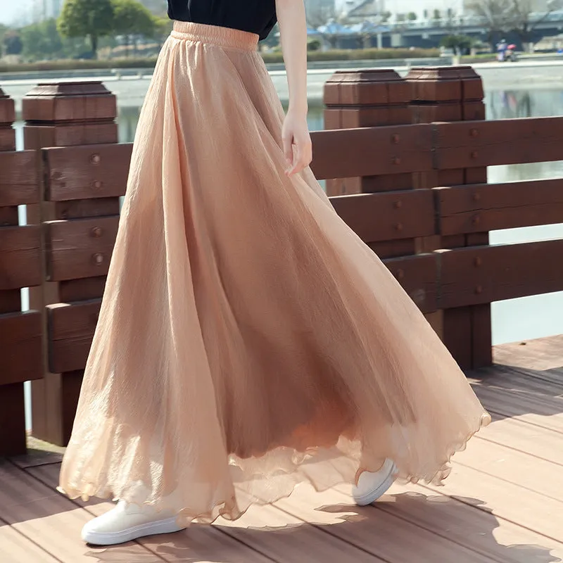 Chiffon Big Hem High Waist Pure Color Loose Long Beach Swing Skirt