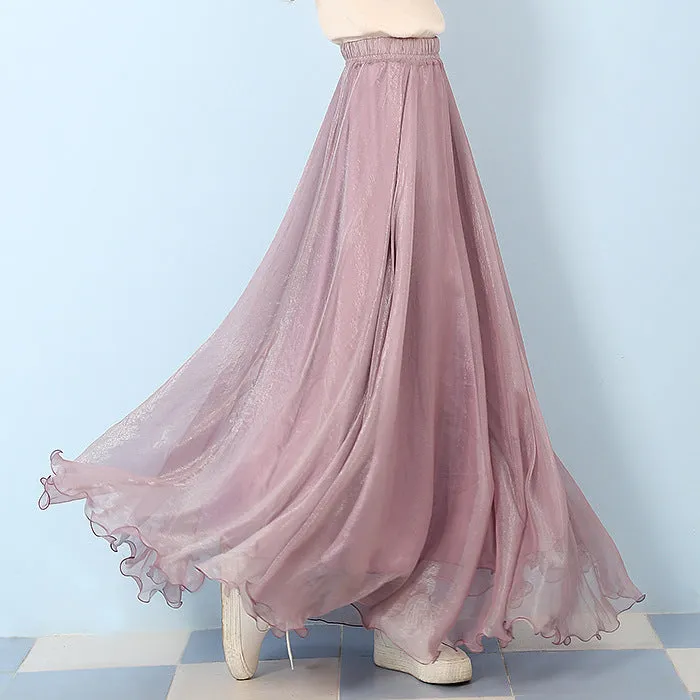 Chiffon Big Hem High Waist Pure Color Loose Long Beach Swing Skirt