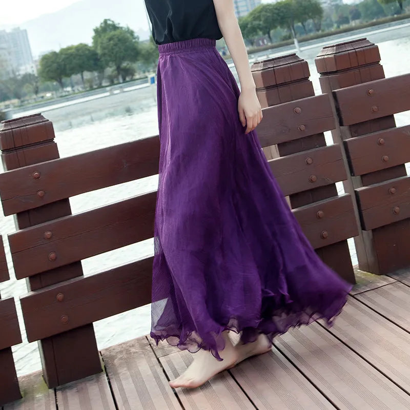 Chiffon Big Hem High Waist Pure Color Loose Long Beach Swing Skirt