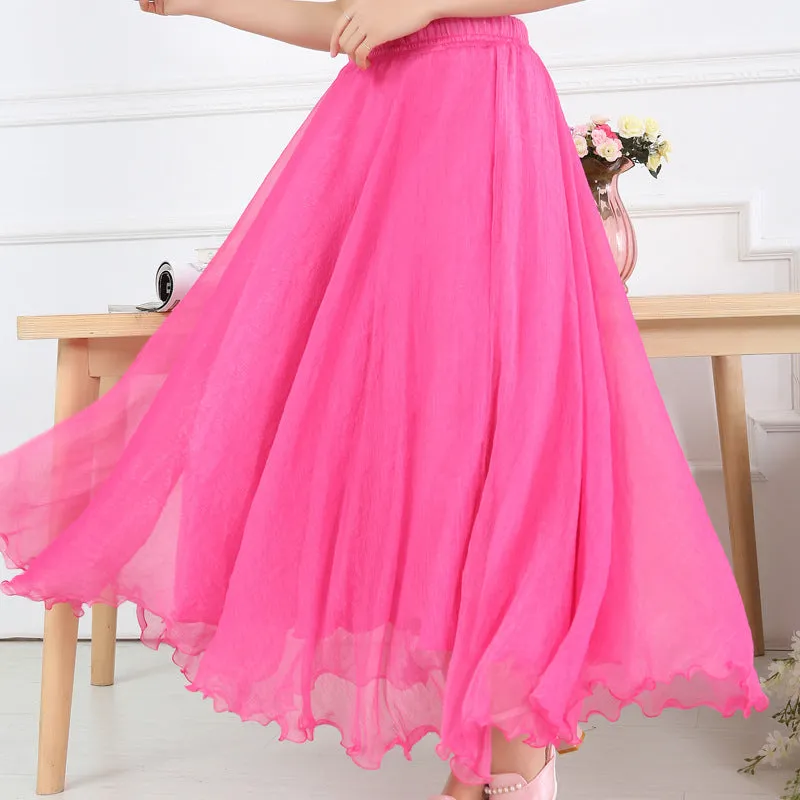 Chiffon Big Hem High Waist Pure Color Loose Long Beach Swing Skirt