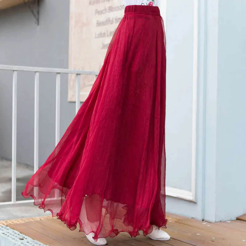 Chiffon Big Hem High Waist Pure Color Loose Long Beach Swing Skirt