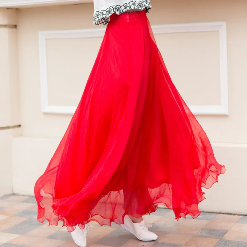 Chiffon Big Hem High Waist Pure Color Loose Long Beach Swing Skirt