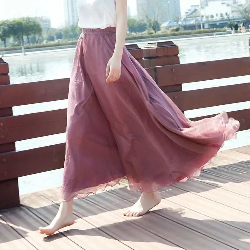 Chiffon Big Hem High Waist Pure Color Loose Long Beach Swing Skirt