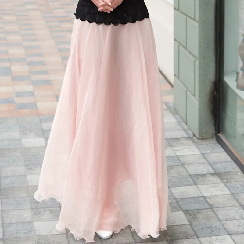 Chiffon Big Hem High Waist Pure Color Loose Long Beach Swing Skirt