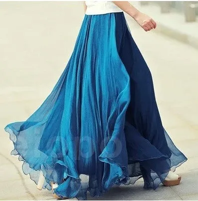 Chiffon Big Hem High Waist Pure Color Loose Long Beach Swing Skirt