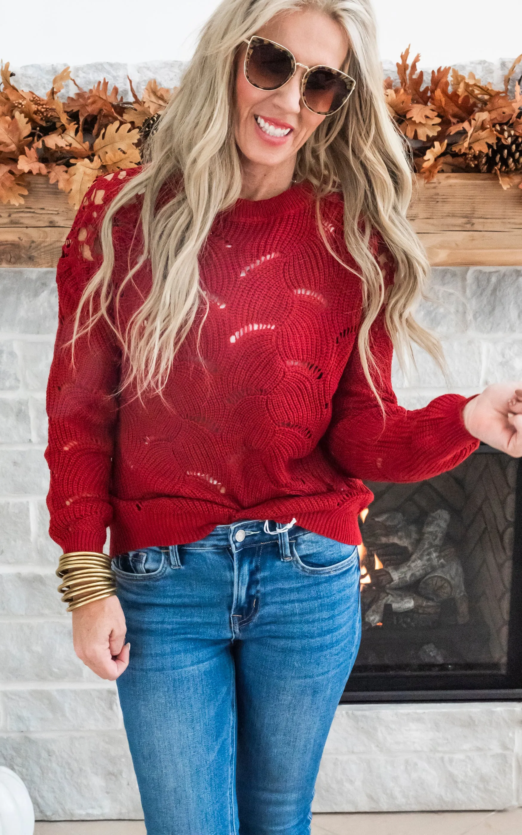 Enjoying My Now Wavy Knit Sweater w/ Lace - Burgundy - Final Sale