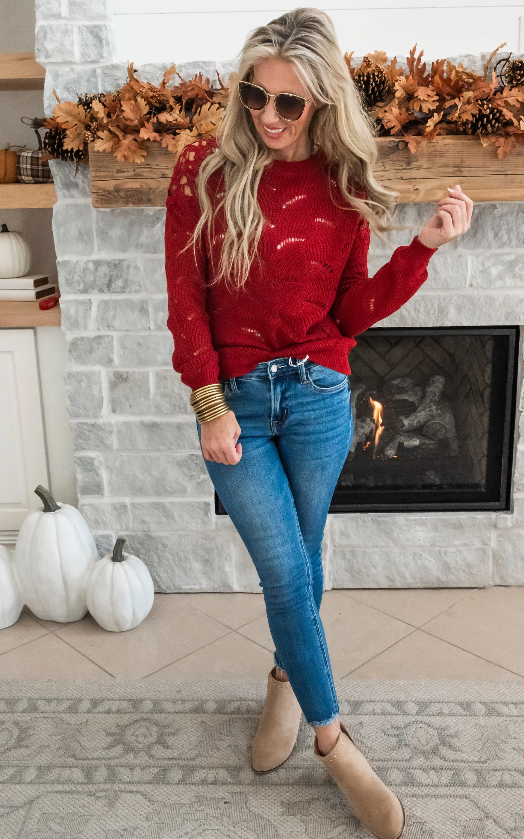 Enjoying My Now Wavy Knit Sweater w/ Lace - Burgundy - Final Sale