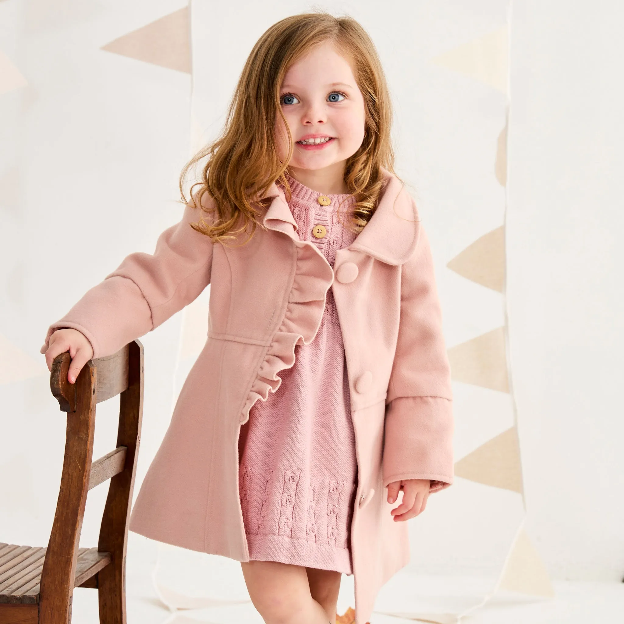 Frilled Collared Overcoat Faux Wool Dusty Pink