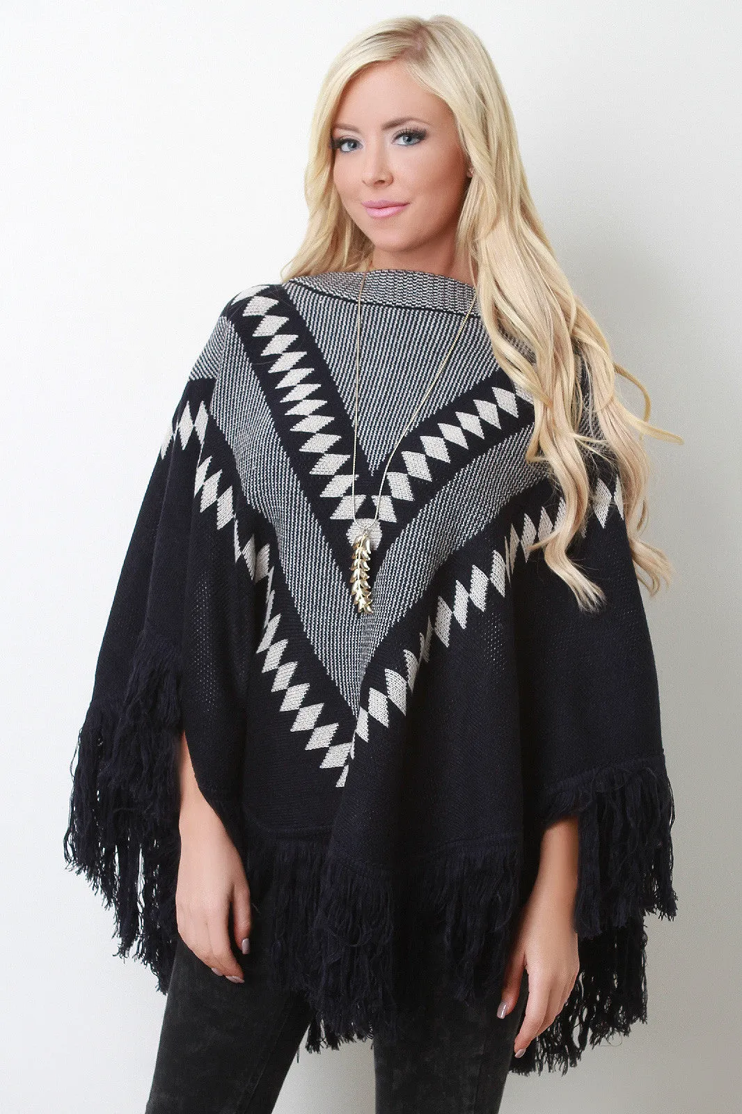 Fringe Hem Patterned Crew Neck Poncho