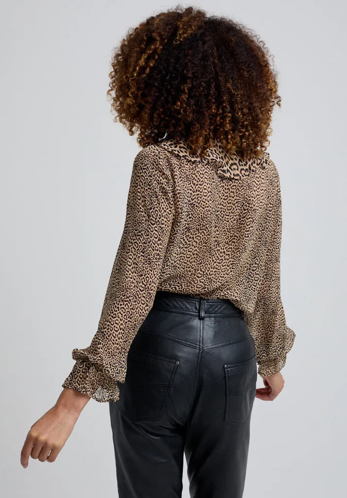 Joni Ruffle Neck Leopard Print Blouse In Brown