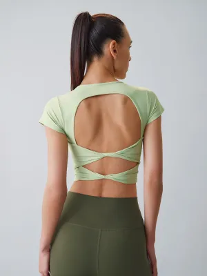 Light Green Twist Cut Out Short Sleeve Top - Light Support