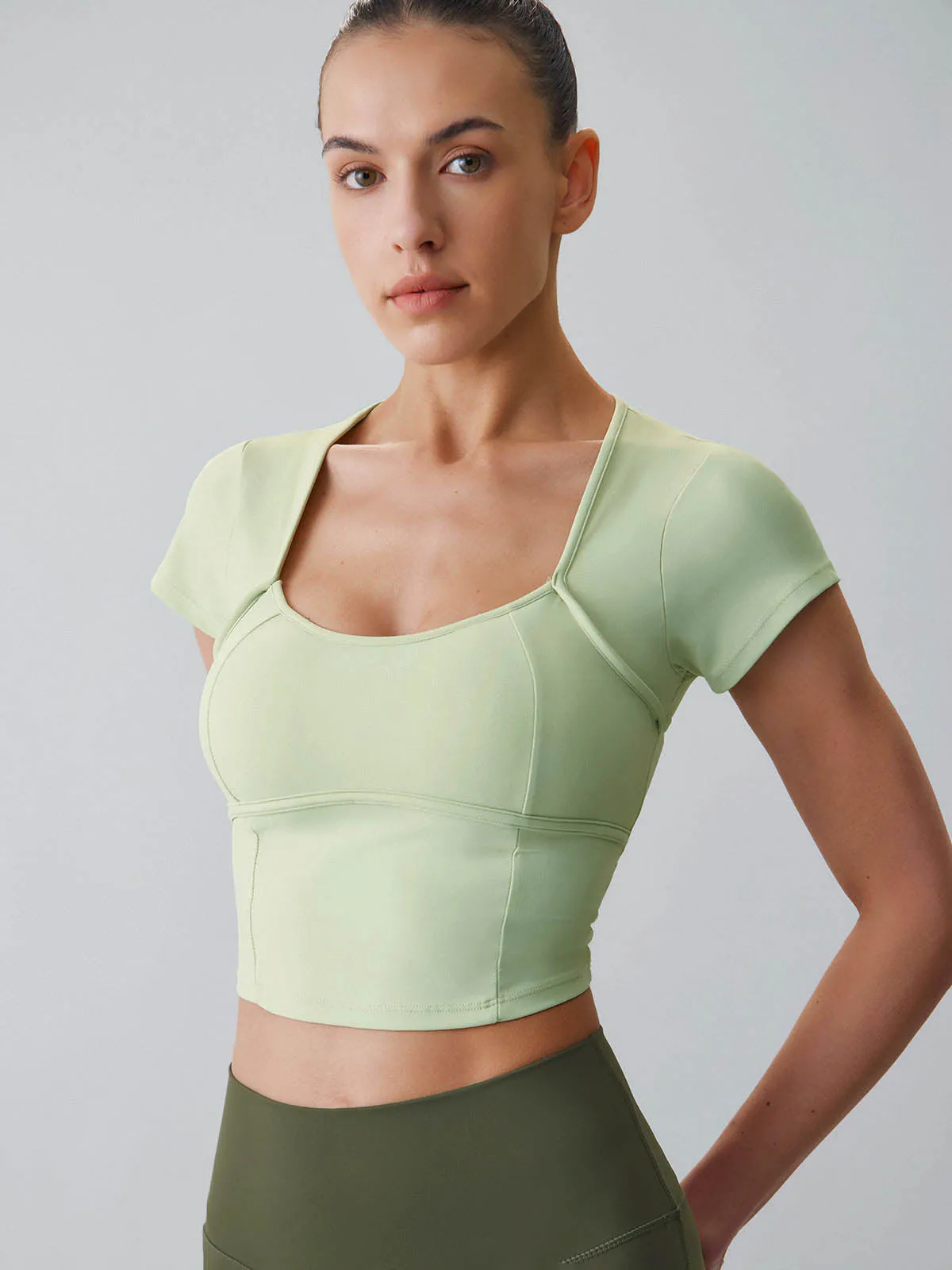 Light Green Twist Cut Out Short Sleeve Top - Light Support