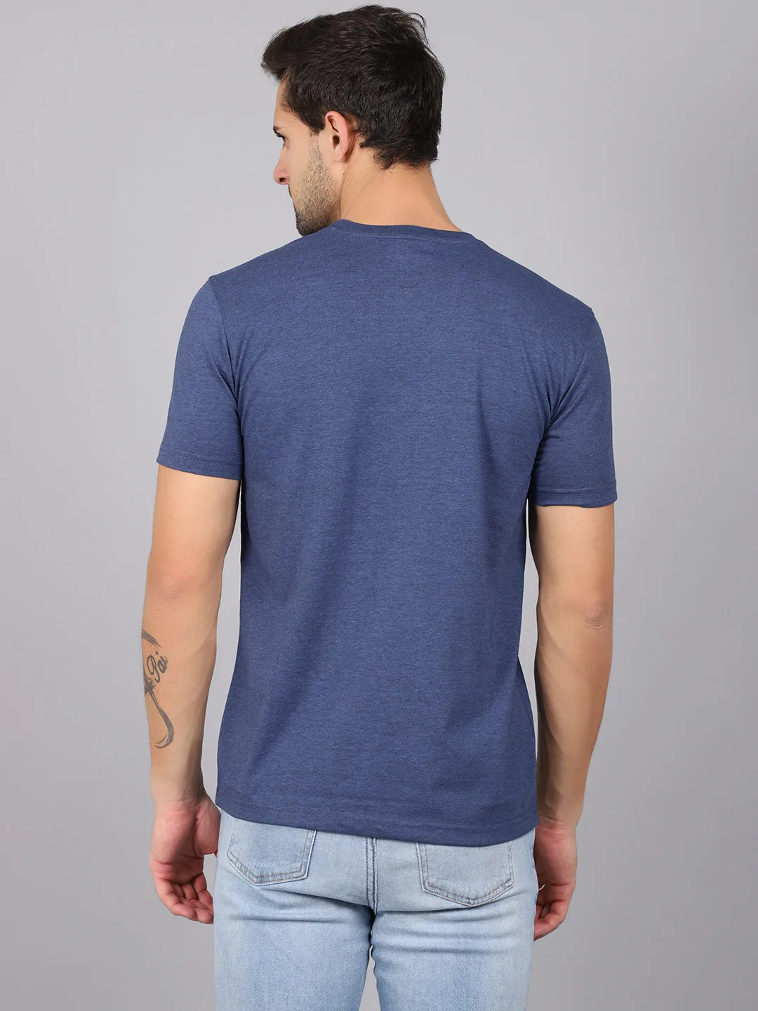 Men's Blue   Melange Round neck Half Sleeve T-Shirt with Print