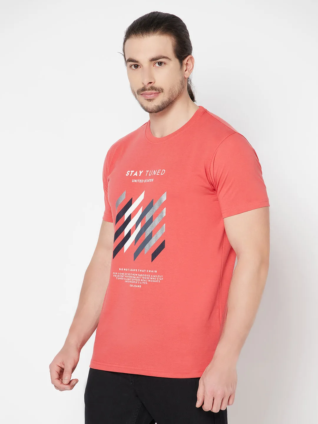 Men's Coral  Round neck Half Sleeve T-Shirt with Print