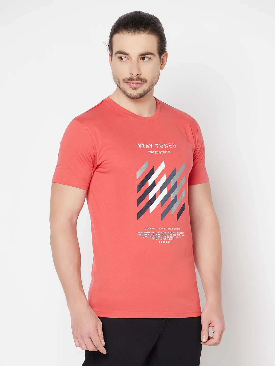 Men's Coral  Round neck Half Sleeve T-Shirt with Print