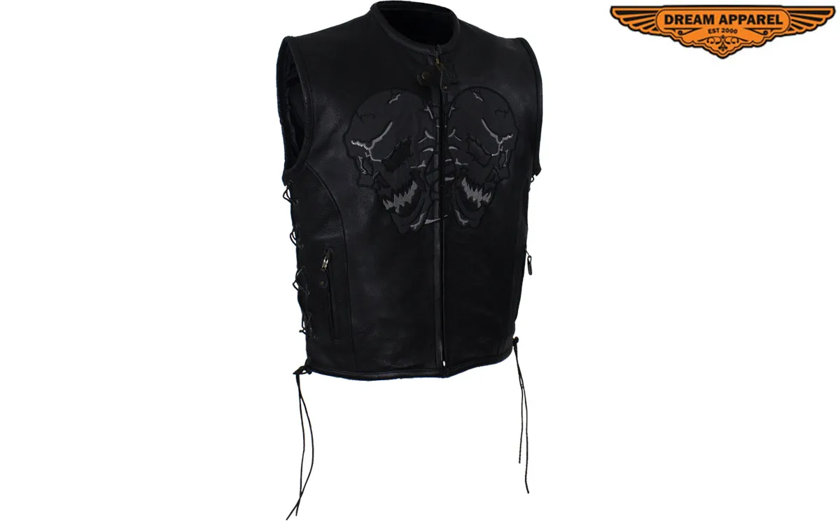 Mens Leather Vest With Skulls On Front & Back