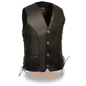 Milwaukee Leather ML1359 Men's Black Premium Leather Side Lace Motorcycle Rider Vest w/ Buffalo Nickel Snaps Closure