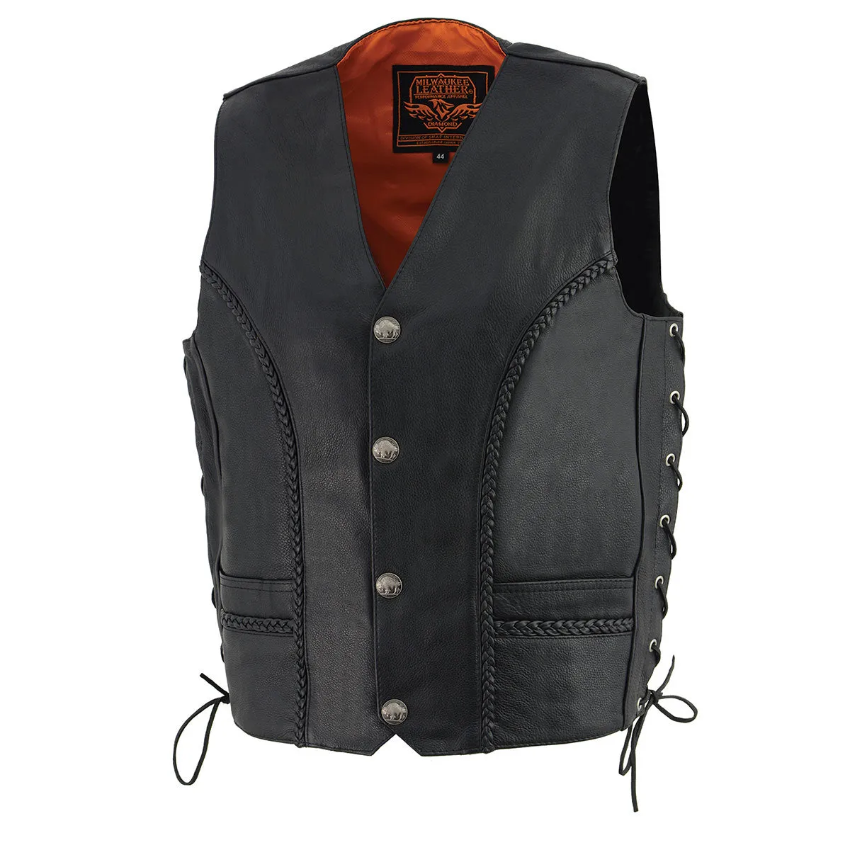 Milwaukee Leather ML1359 Men's Black Premium Leather Side Lace Motorcycle Rider Vest w/ Buffalo Nickel Snaps Closure