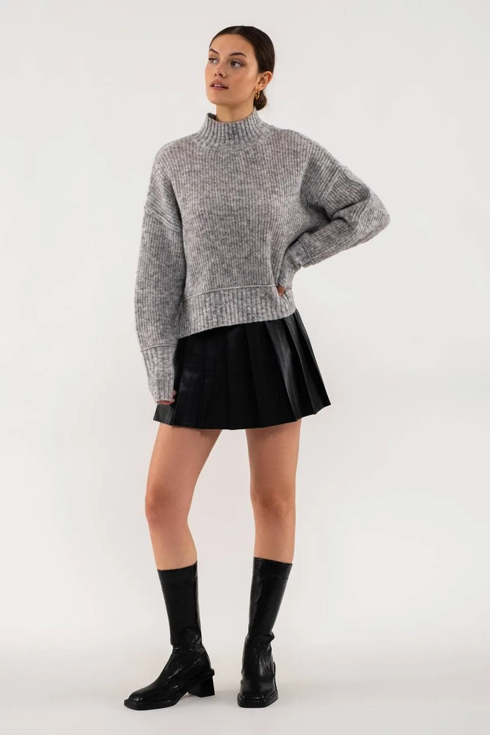 MOCK NECK SPLIT HEM KNIT PULLOVER SWEATER