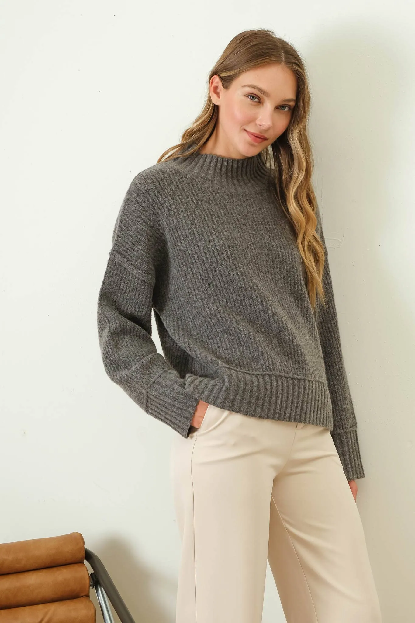 MOCK NECK SPLIT HEM KNIT PULLOVER SWEATER