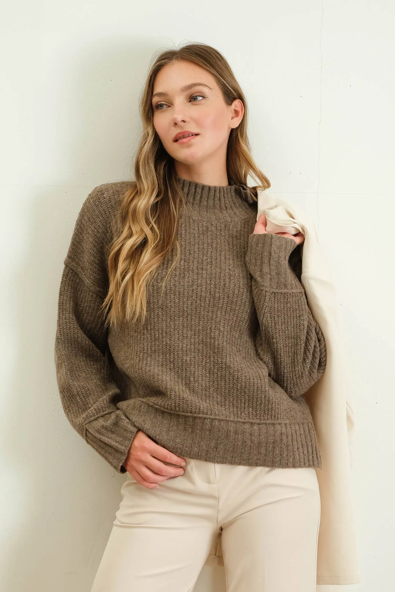 MOCK NECK SPLIT HEM KNIT PULLOVER SWEATER