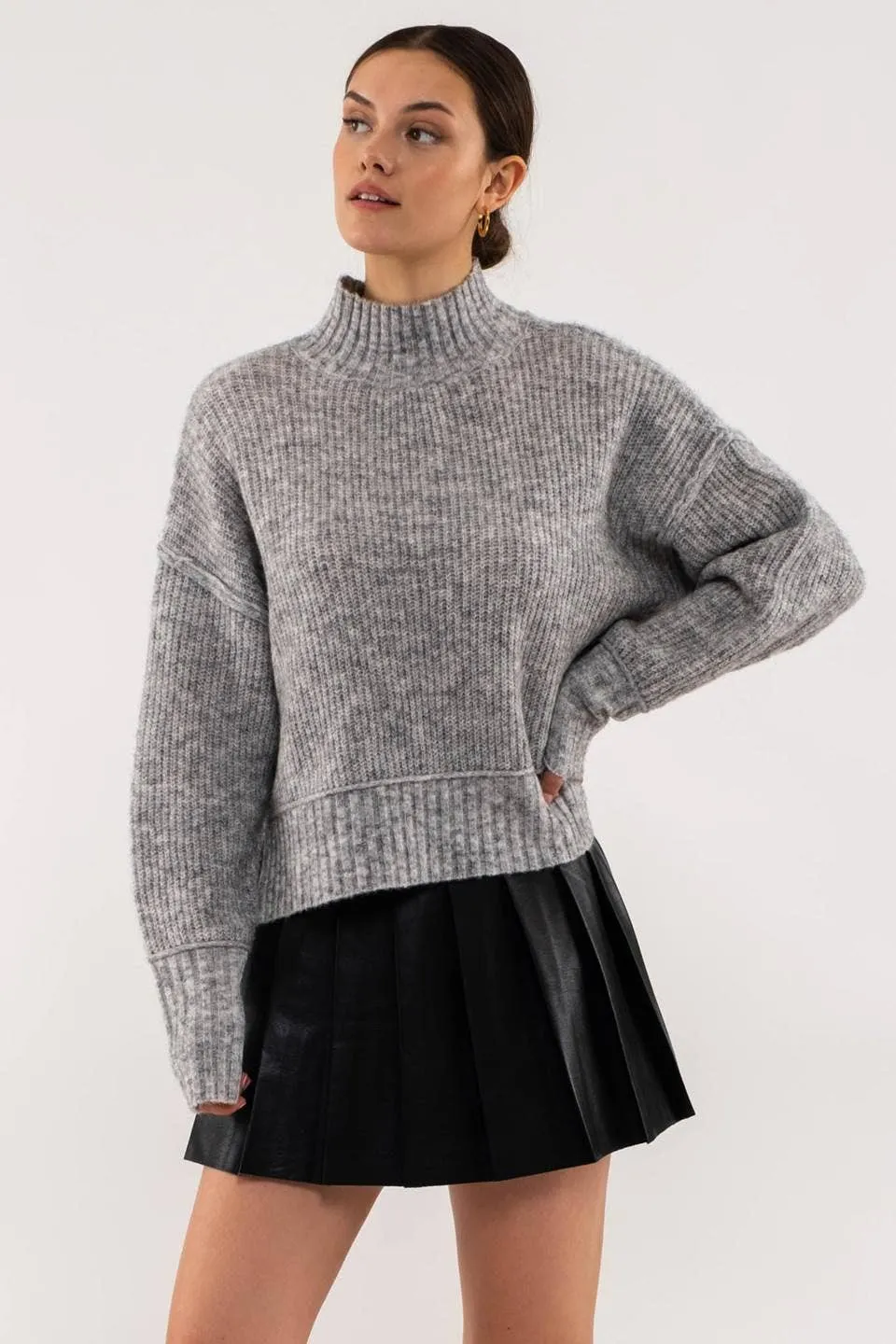 MOCK NECK SPLIT HEM KNIT PULLOVER SWEATER