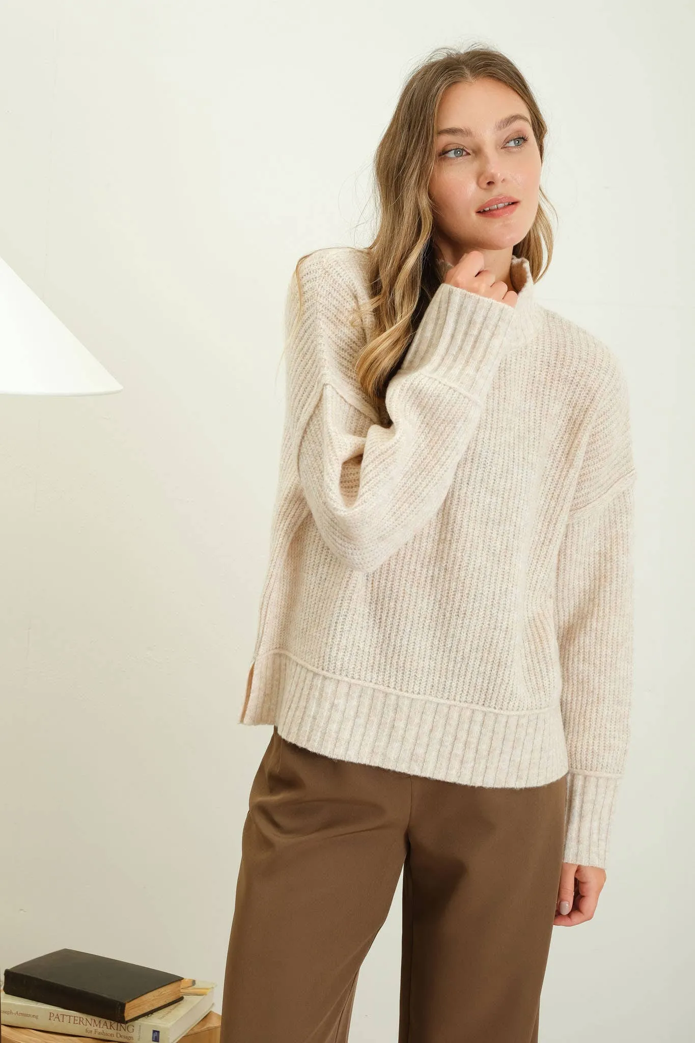 MOCK NECK SPLIT HEM KNIT PULLOVER SWEATER