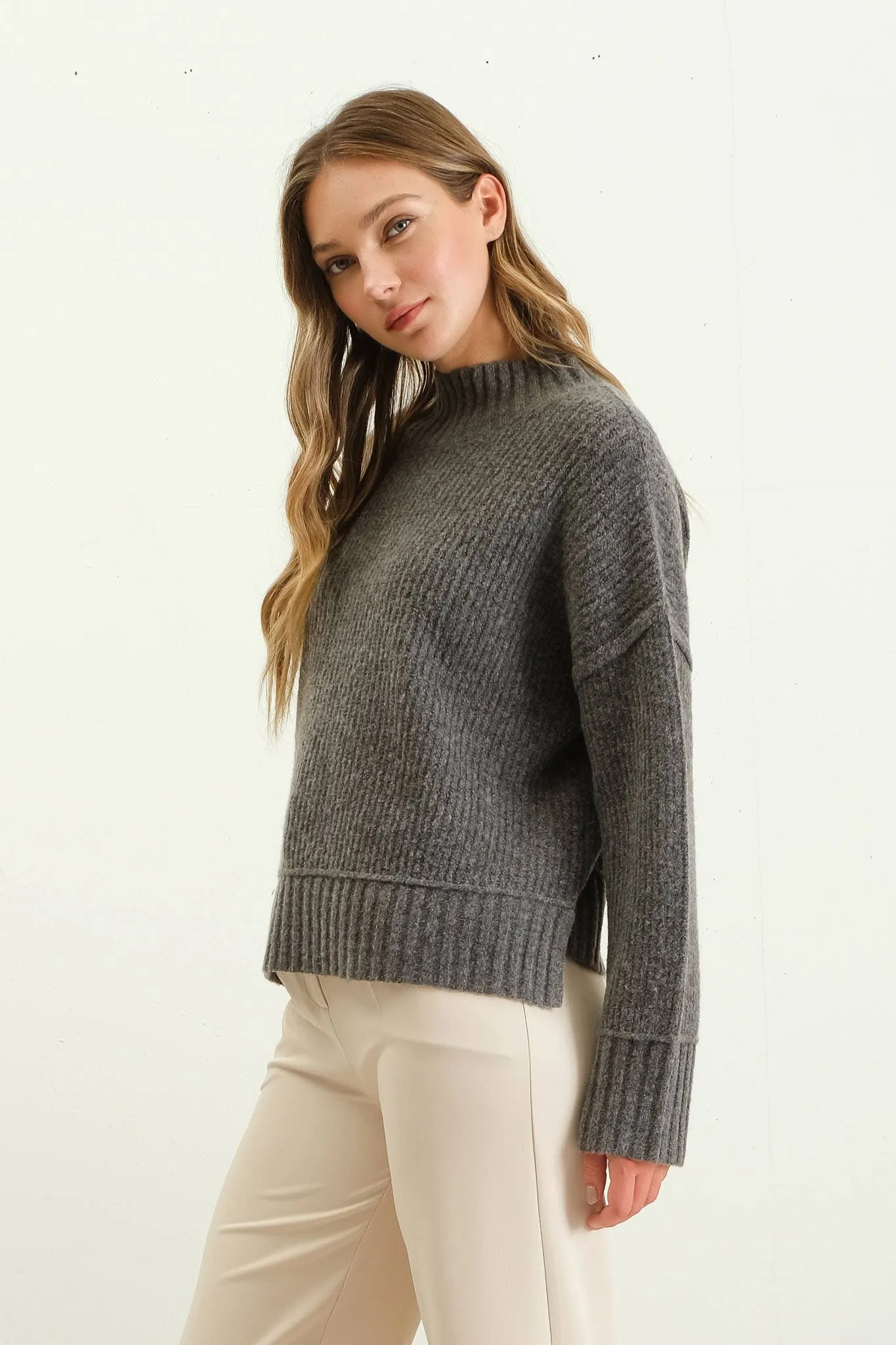 MOCK NECK SPLIT HEM KNIT PULLOVER SWEATER