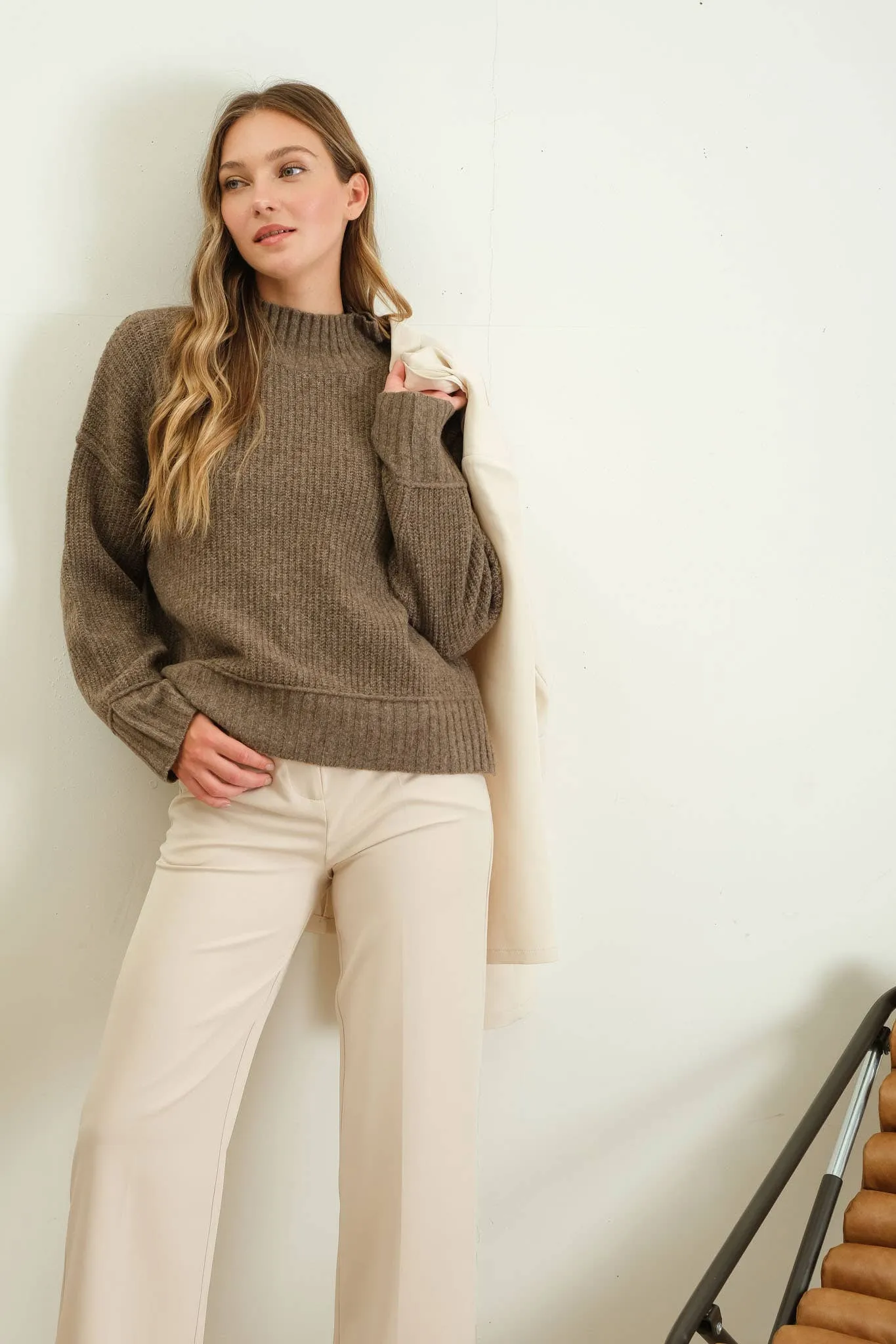 MOCK NECK SPLIT HEM KNIT PULLOVER SWEATER